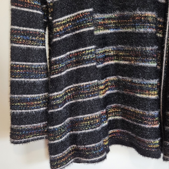 Modcloth Color and Character Fuzzy Cardigan Black and Rainbow Striped Large - Picture 4 of 9